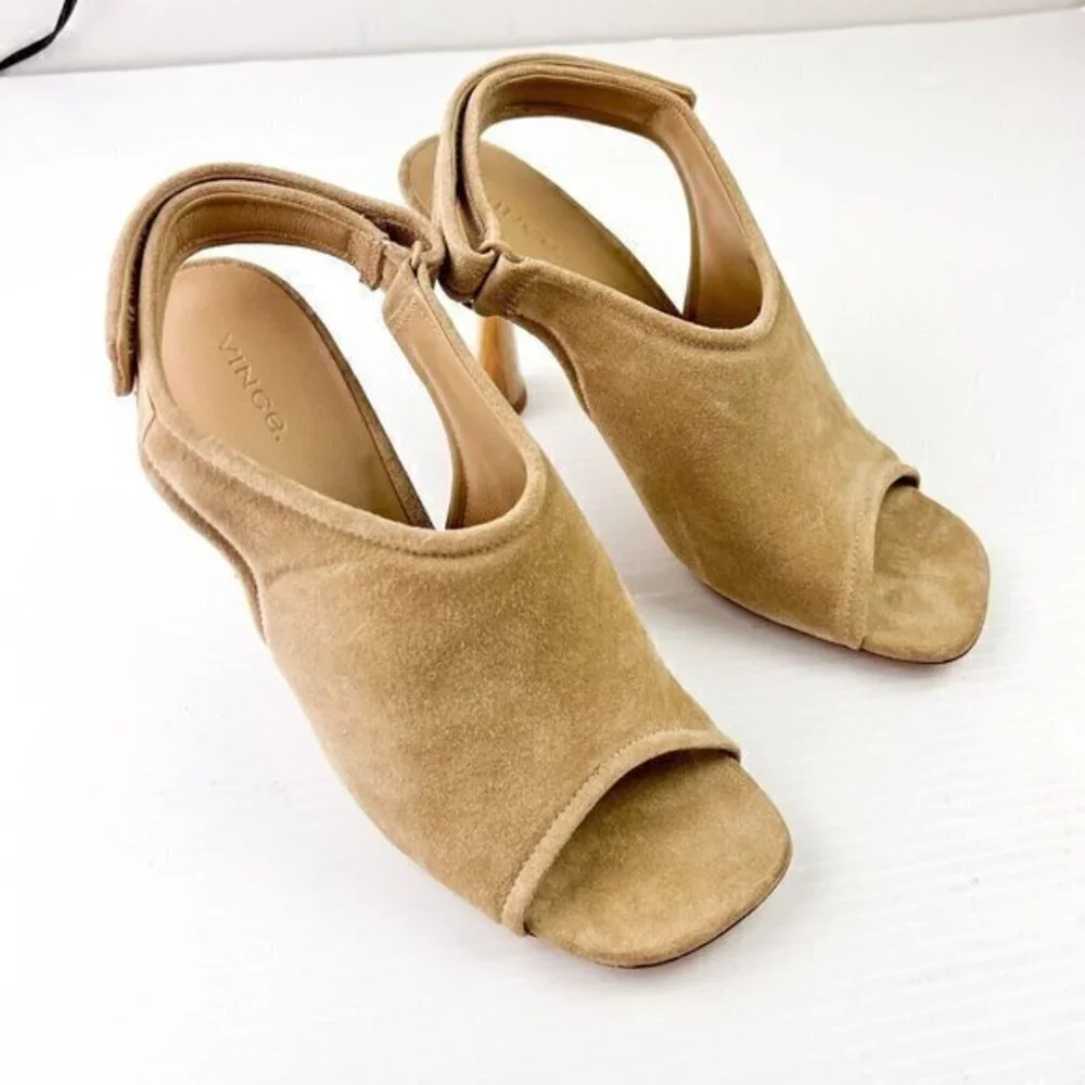 Vince Women Quest Slingback Beige Kitten Heel Leather Suede Sandals Sz 9.5M NEW